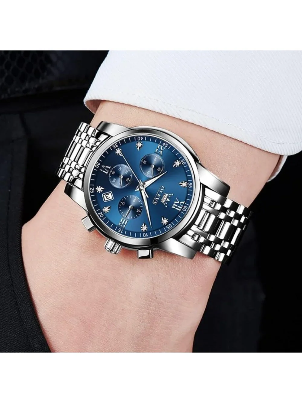 Olevs Men All Silver And Blue Multifunction Waterproof Luminor Chronograph Watch
